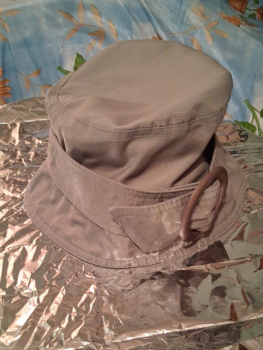 HEAslip, CANADIAN MADE .Olive Green Bucket Hat with Decorative Ring. 100% Nylon